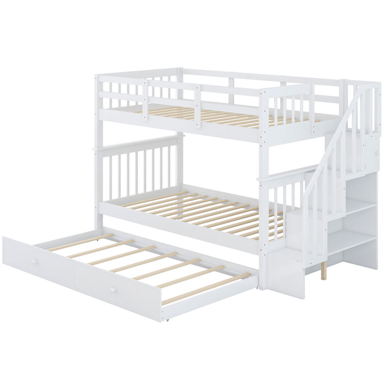 Rustic Style Bunk Bed With Trundle and Maximized Storage, White