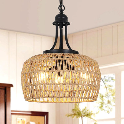 Farmhouse Chandelier For Dining Room, 3-Light Rattan Chandelier Light Fixture Ceiling Hanging With Woven Lampshade, Small Wicker Coastal Pendant Light For Kitchen Bedroom Island Hallway