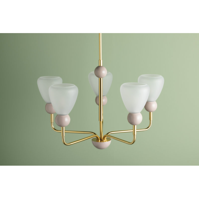 Aged Brass and Soft Peignoir 5-Light Chandelier with Etched Matte Glass
