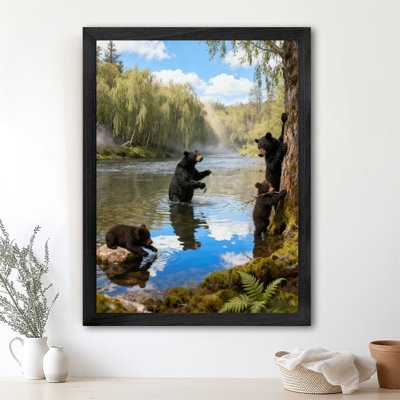 Black Framed Vintage The warm black bear family playing and frolicking in the forest Wall Art Retro Style Framed Prints