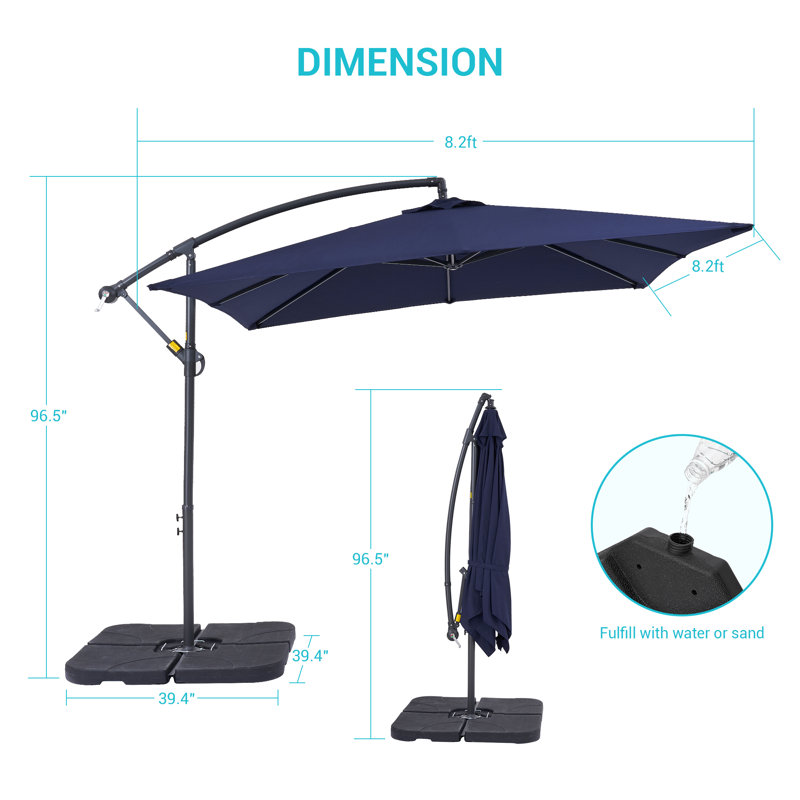Parasol d'extérieur décalé 8,2 x 8,2 pi avec base, parasol suspendu en porte-à-faux extérieur pour terrasse, bord de piscine et patio
