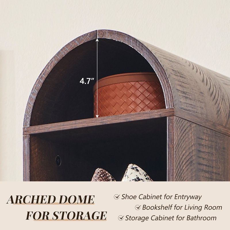 67" Tall Arched Bathroom Storage Cabinet, 8 Tiers 8 Pairs Wooden Bathroom Rack with 3 Adjustable Shelves, Brown