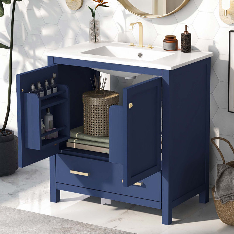 Simpert 30'' Single Bathroom Vanity with Solid + Manufactured Wood Top, Blue