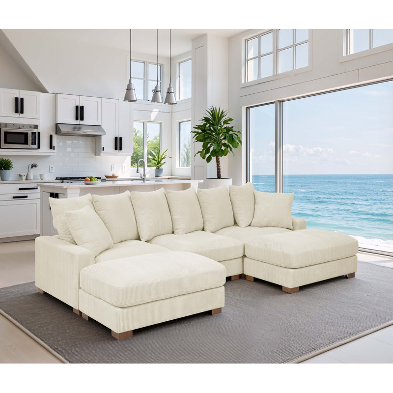 Arzuaga 89" Wide Reversible Modular Corner Sectional with Ottoman, Beige Corduroy, 34"H x 122.5"W x 67.5"D