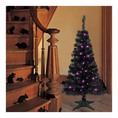 Arbre de Noël artificiel illuminé noir, pin noir 4 pi avec 70 lumières DEL mauves, 8 modes et minuterie pour les décorations de fête