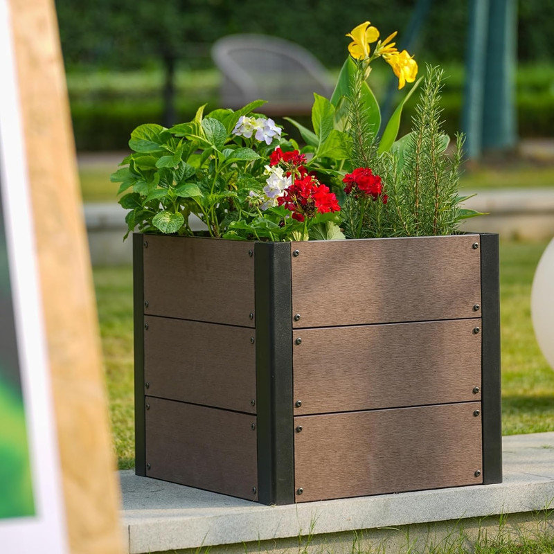 19-48" Wood Look Elevated Garden Bed, Composite Planter Box for Vegetables & Herbs, Patio, 17.72" H x 19.29" W x 19.29" D