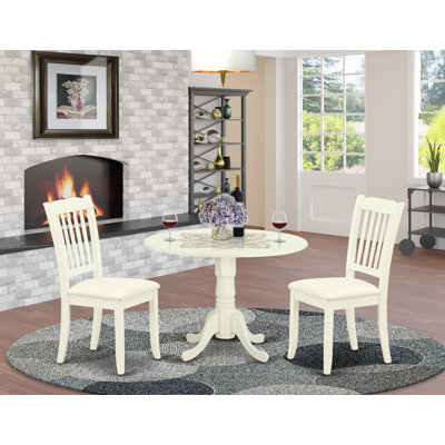 L'ensemble de table de cuisine 3 pièces pour petits espaces comprend une table de salle à manger ronde avec Dropleaf et 2 chaises en tissu de lin, blanc lin