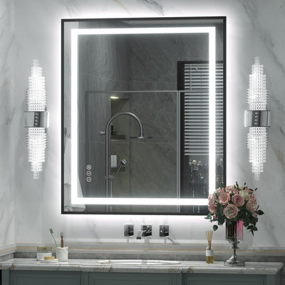 Miroir de salle de bain / meuble-lavabo à cadre en verre trempé à DEL certifié anti-buée Wayfair Basics®
