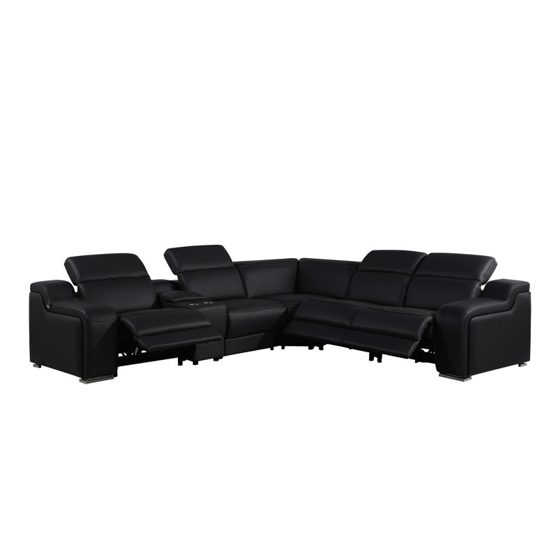 Stanya 6 - Piece Top Grain Italian Leather Power Reclining Sectional, Black Genuine Leather