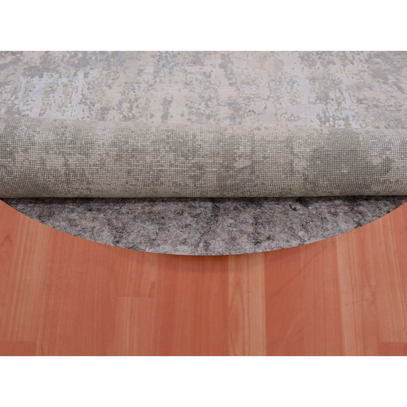Tapis rond gris en laine et soie noué à la main 4 pi x 4 pi à motif abstrait Moonfake