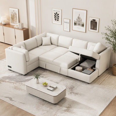 108.6" Ushaped Sectional Sofa Pull Out Sofa Bed With Two USB Ports, Two Power Sockets, Three Back Pillows And A Storage Chaise For Living Room, Beige