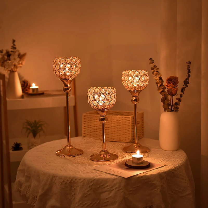 Set Of 3 Gold Candlestick Holders