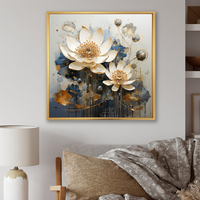 Or et lotus bleu en harmonie - impression, Cadre photo noir, H 16 po x l 16 po