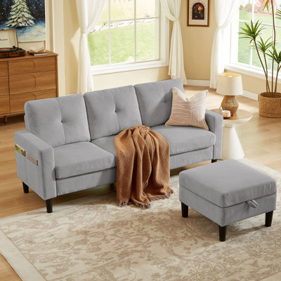 79.14" L Shaped Sofa with Storage Pockets and Reversable Storage Ottoman
