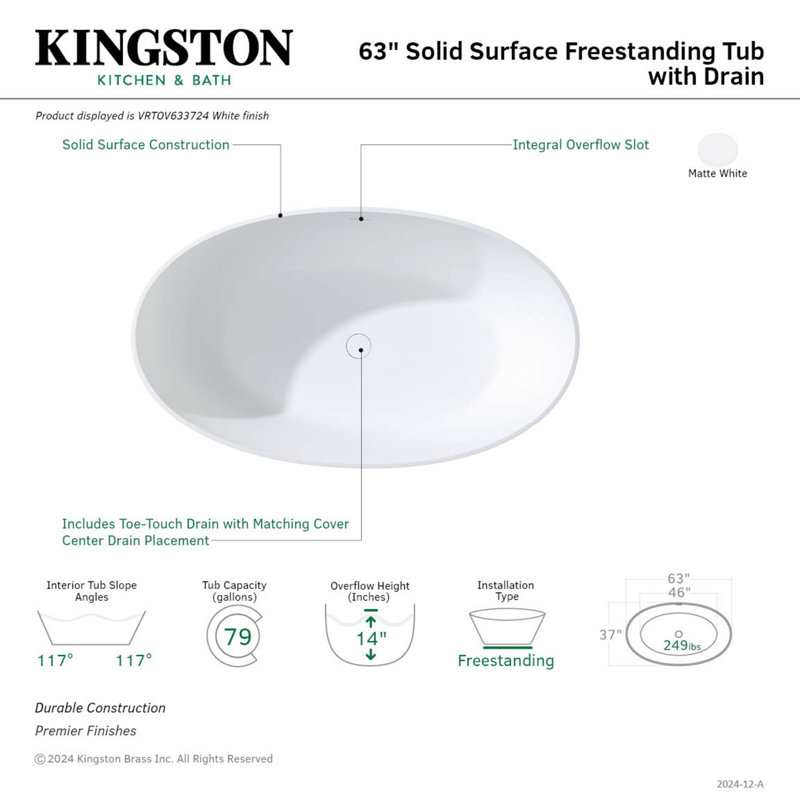 Baignoire autoportante ovale à double surface 63 pouces Kingston Brass