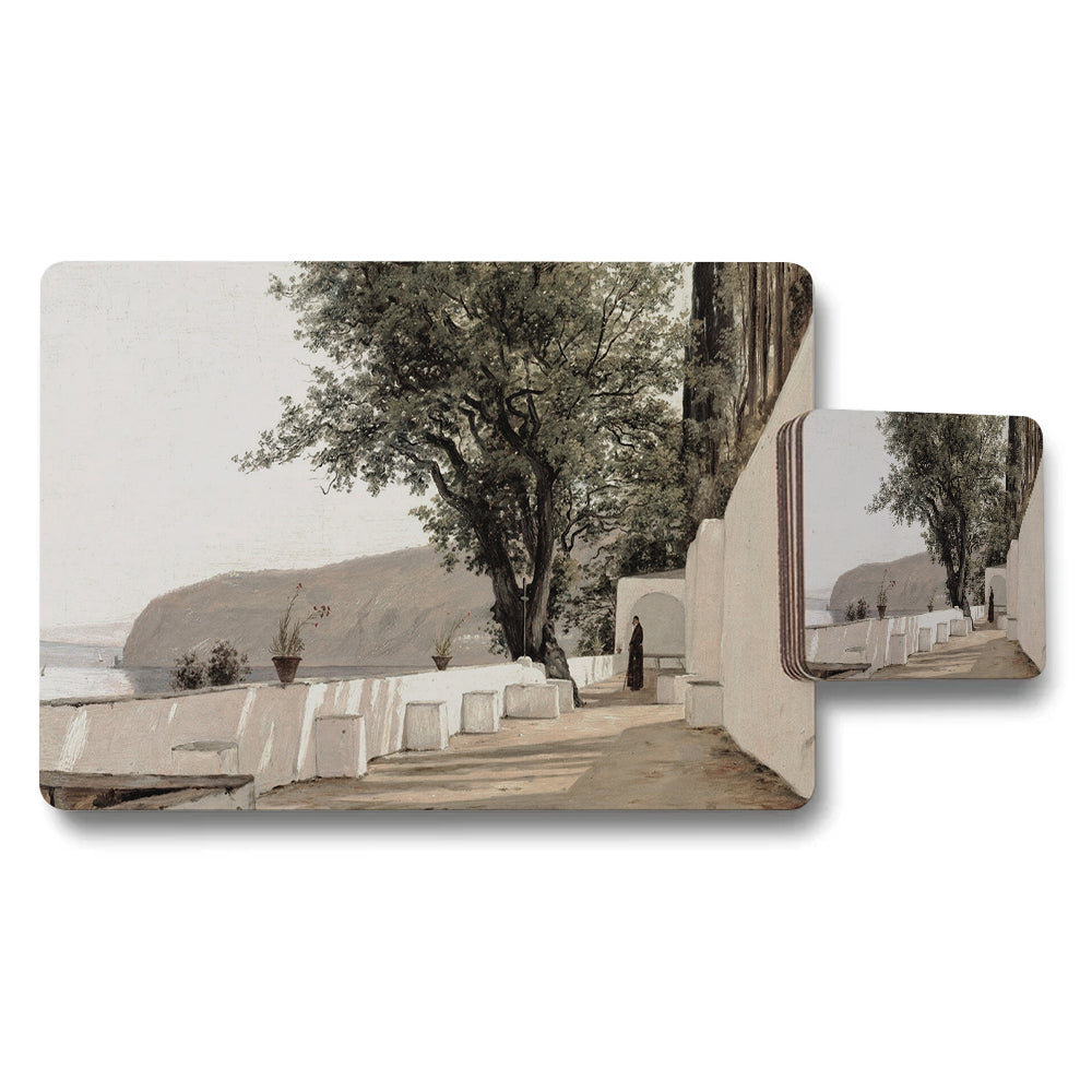 Mediterranean Seaside Placemats And Coasters Set With Whitewashed Walls