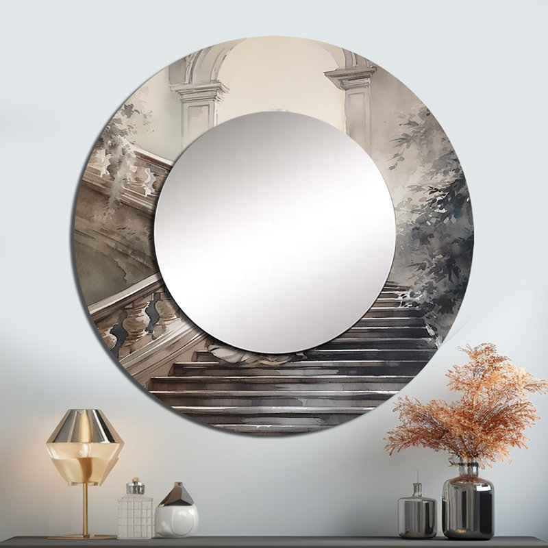 Pirley Stunning Girl By The Stairs II - Romantic Decorative Mirror, Beige Round Wall Mirror, Printed Metal Art, 23" x 23"