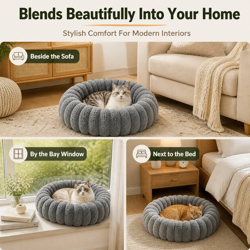 Coussin apaisant rond en peluche avec rebord surélevé, coussin douillet en forme de beigne pour chats et chiens, gris, Large