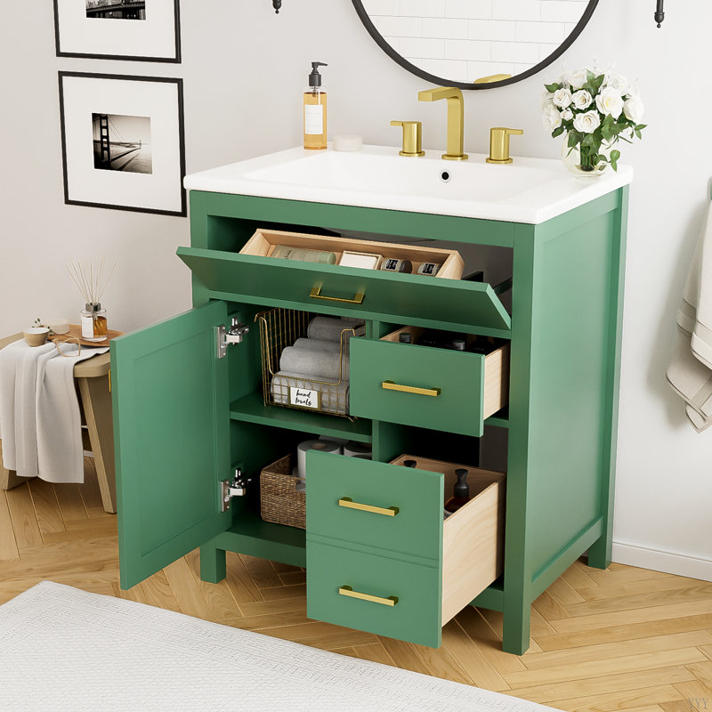 Meuble-lavabo de 30 pouces avec lavabo en céramique et beaucoup de rangement - le choix idéal pour les petites salles de bain
