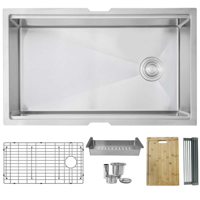 33 in. x 19 in. 16 Gauge, Stainless Steel, Brushed Single Bowl Undermount Kitchen Sink with Bottom Grid