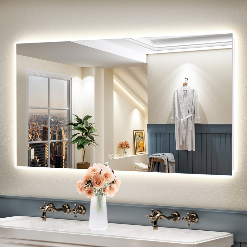 Bathroom LED Mirror with Backlit, Anti Fog Lighted Vanity Mirror with Stepless Dimmable, ETL Listed, IP54 Waterproof, CRI90+, HD Tempered Glass