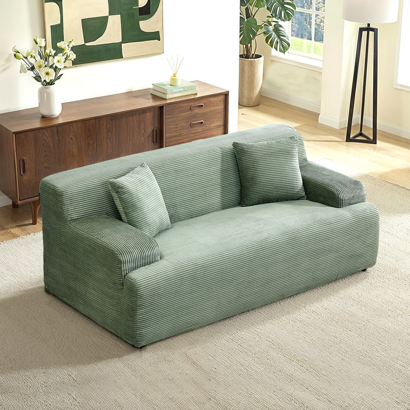 Corduroy 2-Seater Sofa Loveseat With Rolled Arms And Removable Base, Green
