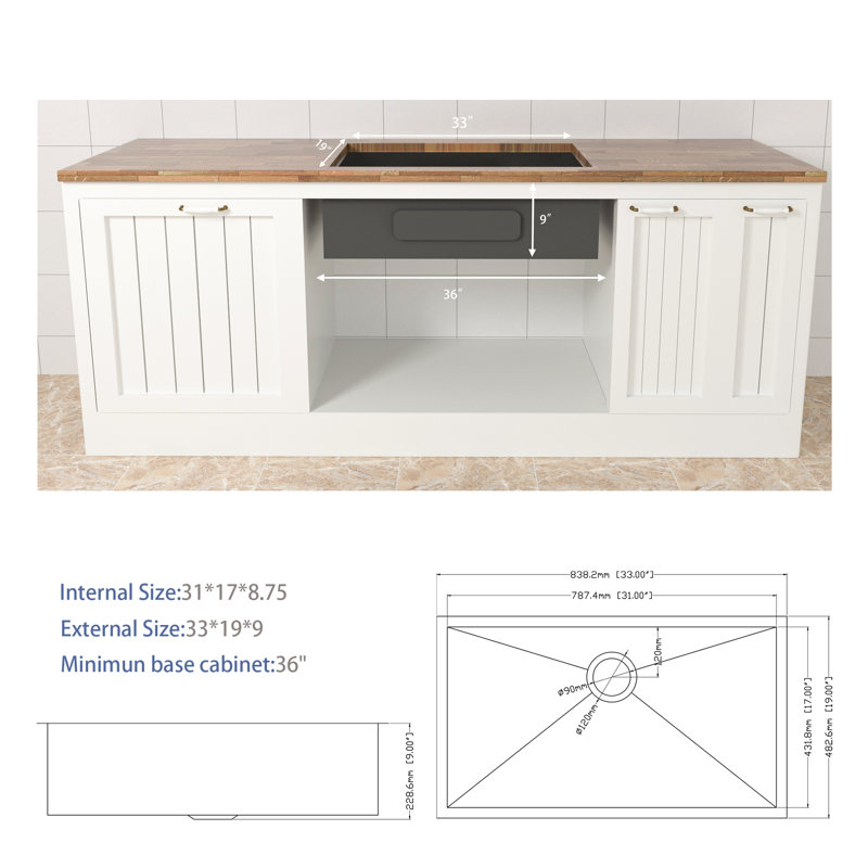 Évier de cuisine encastrable 33 po - 33 po x 19 po x 9 po - Évier de cuisine en acier inoxydable encastrable 16 pouces de profondeur 9 pouces