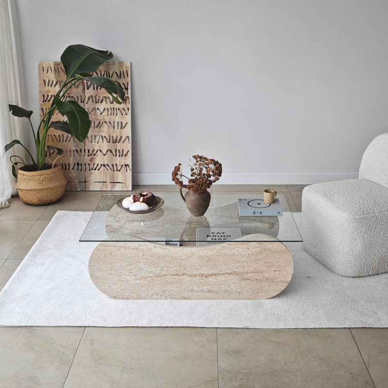 Table basse moderne avec plateau 100% verre trempé, 41,3 po x 13,8 po x 25,6 po | Structure en panneau de particules durable enduit 100% mélamine, bandes de chant en PVC | Travertin élégant et finition transparente, parfait pour les salons