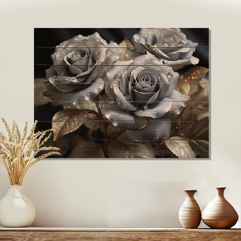 Passion grise et dorée - roses, art sur bois de pin naturel, H 30 po x l 40 po