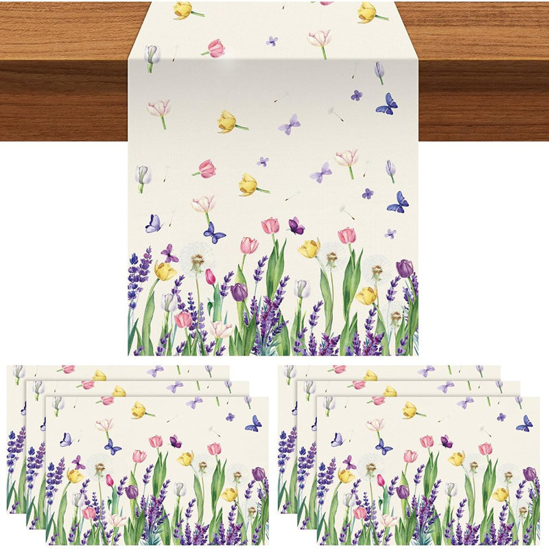 Chemin de table et napperons - Décoration de table lavande, tulipe, lin, printemps et Pâques