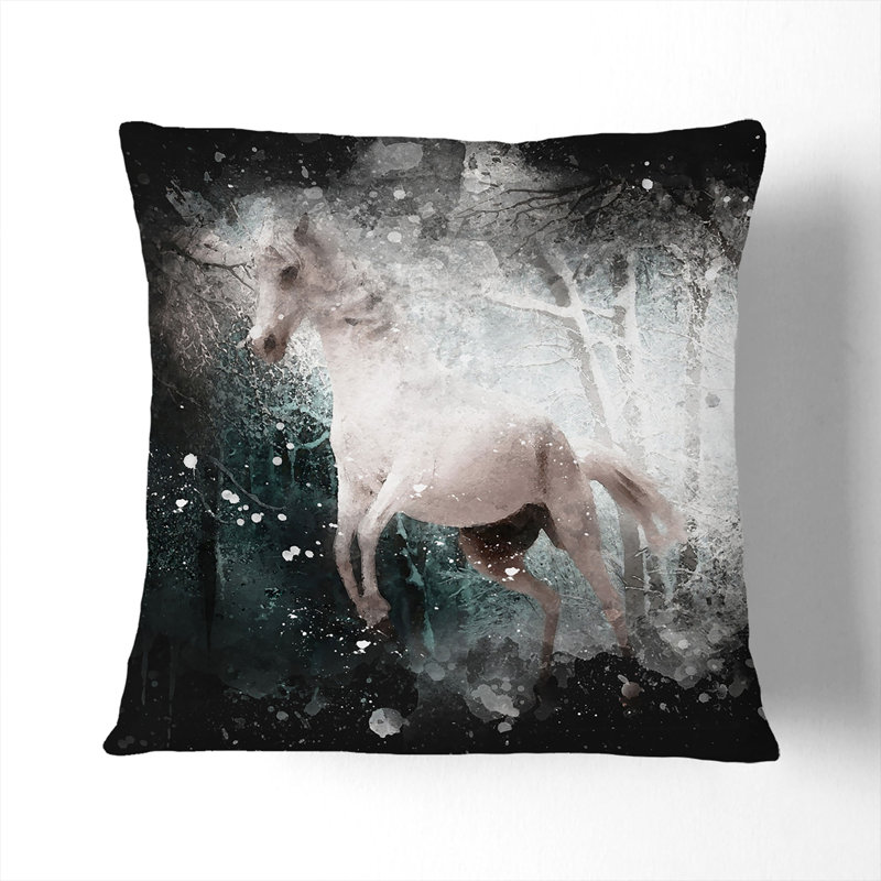 Horse Rearing in a Winter Forest Paint Splash Cushion with Filling, 55cm H x 55cm W x 20cm D