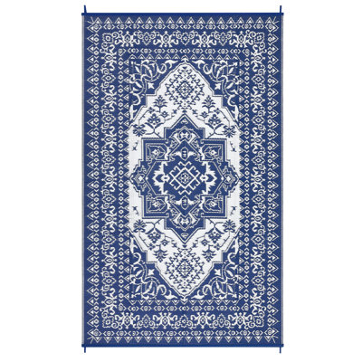 Waterproof Reversible Outdoor Rug 8x10ft – Plastic Straw Patio Carpet – Vintage Medallion Mat for Deck, Balcony, RV, Camping, Beach, All-Weather Use – Navy Blue/White, USA