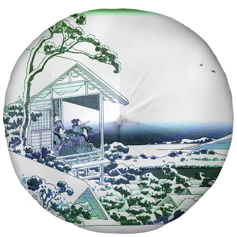 Coussin Katsushika Hokusai Tea House at Koishikawa, 27,5 po x 55,5 po x 7 po, Vert / dégradé bleu