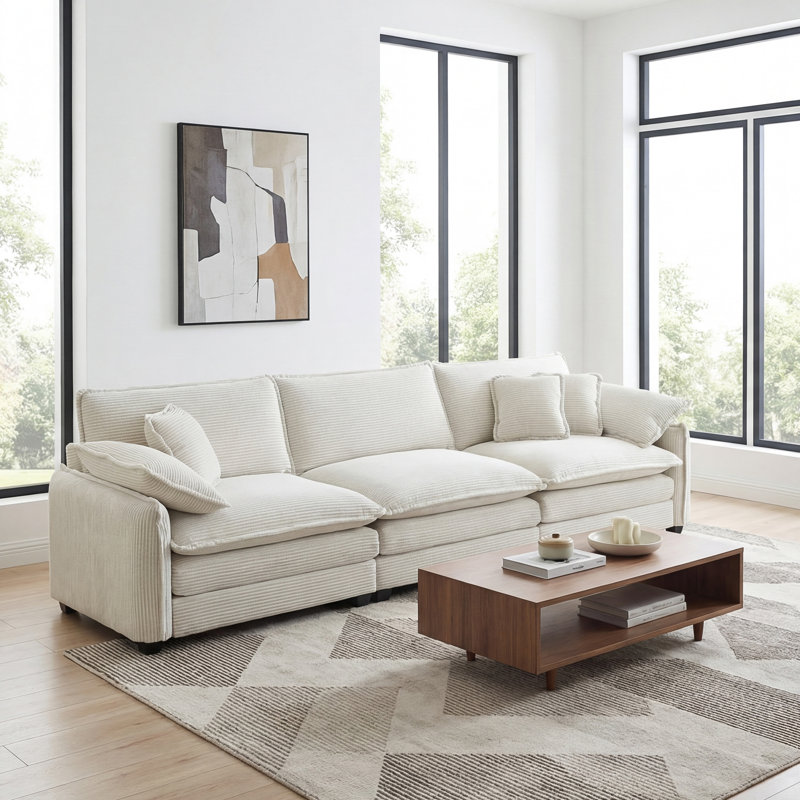 Canapé modulaire Mid-Century 3 places avec 2 accoudoirs et 3 coussins décoratifs, Beige