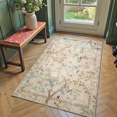Floral Rug Botanical Birds Print Nature Plants Washable Non-slip Natural Beige/Pink