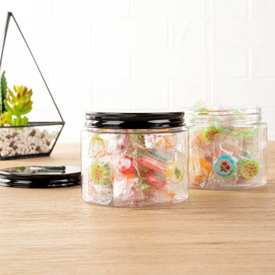 Restaurantware-RW Base 16 Ounce Candy Jars, 100 Durable Kitchen Storage Containers - Round, Airtight Seal, Clear Plastic Snack Jars With Black Aluminum Lids, For Table Display, Or Candy Buffet