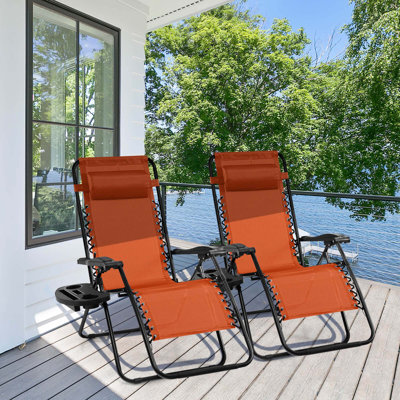 2 Pcs Folding Zero Gravity Reclining Lounge Chairs Beach Patio With Utility Tray Orange by Rosecliff Heights