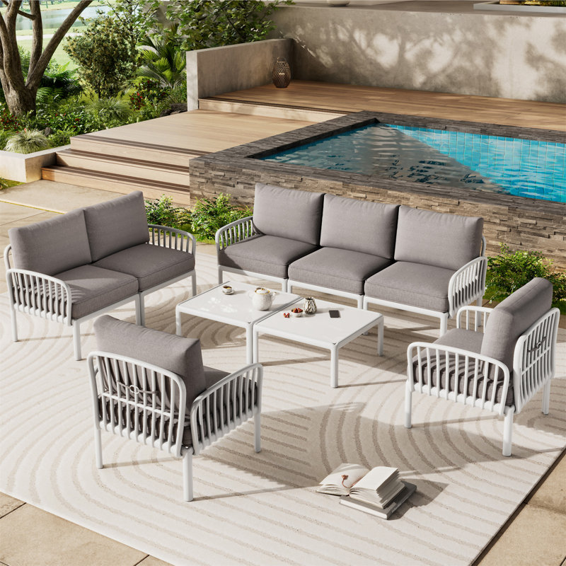 9 Piece Patio Conversation Sets, Light Gray, White