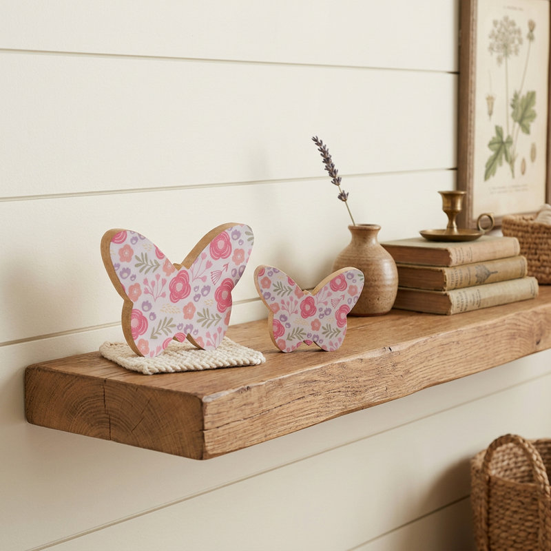 Set of Two White And Pink Wood Butterfly Tabletop Sculptures