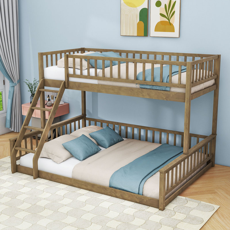 Wood Bunk Bed With Ladder And Slats, Walnut, Twin XL Over Queen