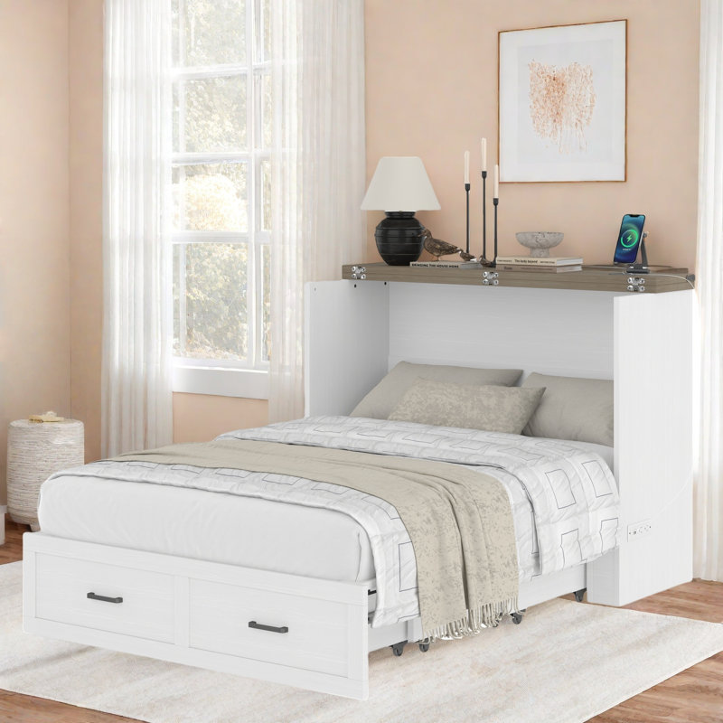 Multi-functional Foldable Murphy Bed  With Charging Station And 1 Large Storage Drawer, White, Full
