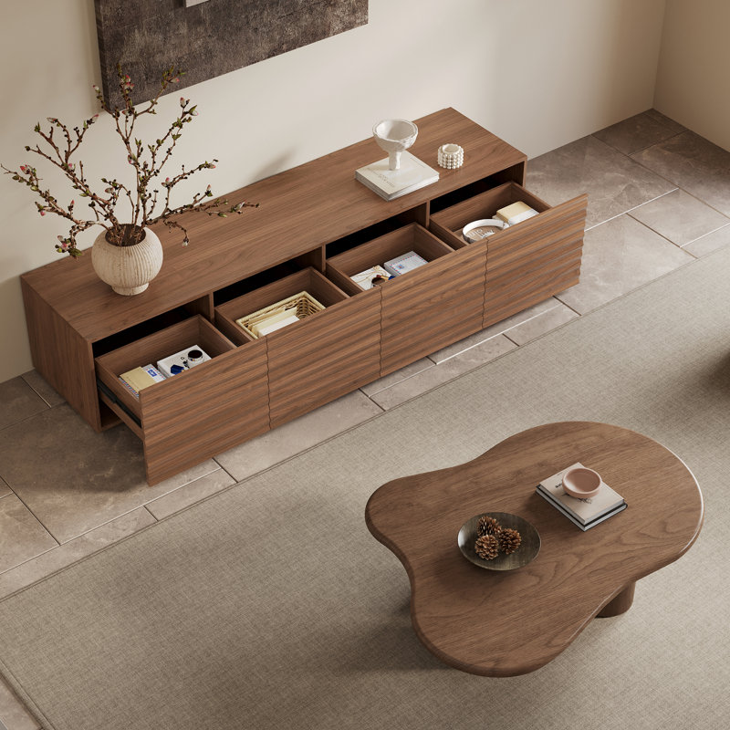 Wooden Tv Stand & Coffee Table Set Of 2, Wave-Textured Tv Console With Storage Drawers, Cloud Center Tables With Spacious Top For Living Room, Bedroom