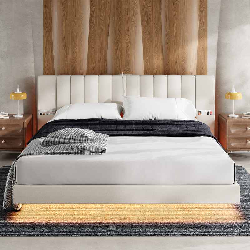 Floating Bed Frame With Wide Padded Headboard & Led Lights