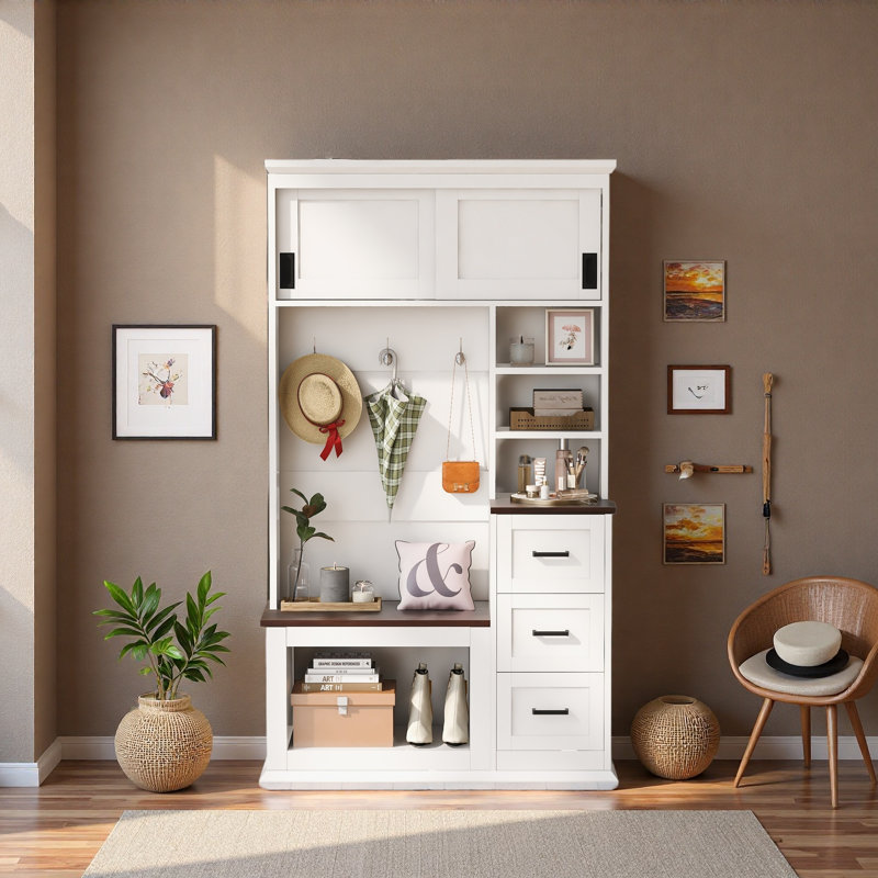 Modern Entryway Bench With Coat Rack, 3 Shelves And Drawers, 3 Sturdy Hooks, 40.2'' Wide Hall Tree With Storage Bench For Hallway, Entryway, Living Room