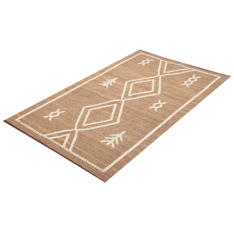 Tapis oriental brun et blanc en jute / sisal tissé à plat à la main à motif oriental 5 pi 2 po x 8 pi 5 po