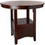 Table de salle à manger ronde combinant des détails en bois massif et conforme à la photo, avec base de rangement ouverte et hauteur du comptoir.