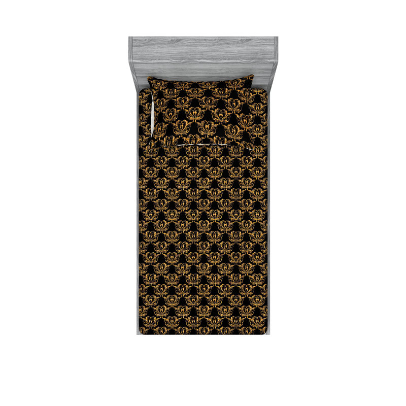 Ambesonne Fitted Sheet & Shams, Charcoal Gray/Marigold Floral, Twin Sheet Set with 1 Pillowcase