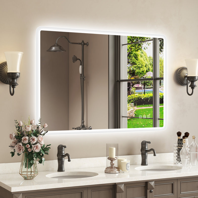 Wall-mounted Mirror with Lights – Frameless, Infinite Dimming, Anti-Fog, 3 Light Modes, Built-in Bluetooth, 28" x 40", Clear