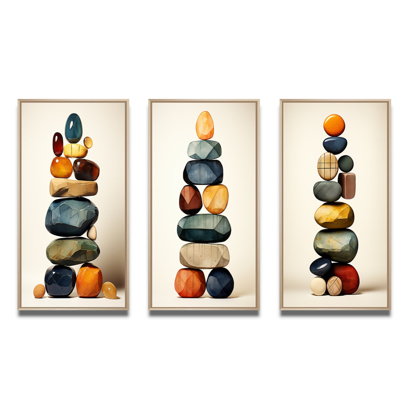 «Finding Balance Rock Balancing Cairn Sculpture I», ensemble de 3 pièces d'art spirituel en pierre, Cadre naturel flottant