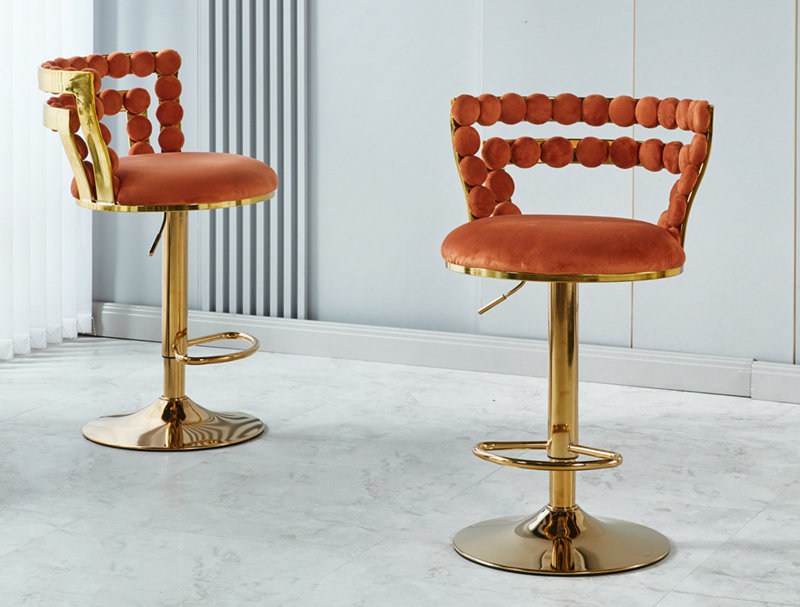 Wardat Set of 2 Bar Chair with Golden Iron Tube Legs, Orange
